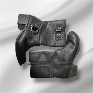 Stylish Black Ankle Boots with Buckle Detail, Sz 6